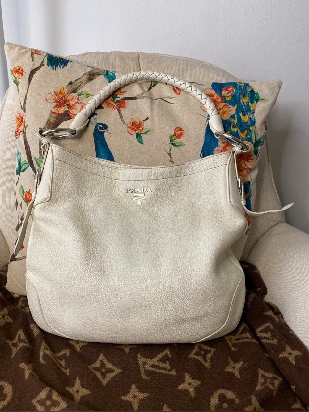 Prada White Leather Shoulder Bag with Braided Handle